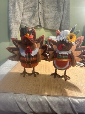 Festive Brown & Orange Turkey Couple Holiday Figurines